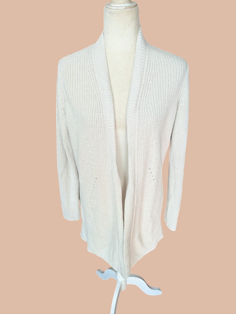 Banana Republic White/ Silver Lurex Open-Front Long Pointelle Knit Cardigan Sz M